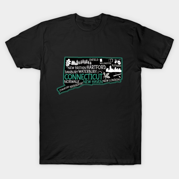 Connecticut New Haven cute map New Haven Enfield Willington Putnam Norwalk Stamford Bridgeport T-Shirt by BoogieCreates